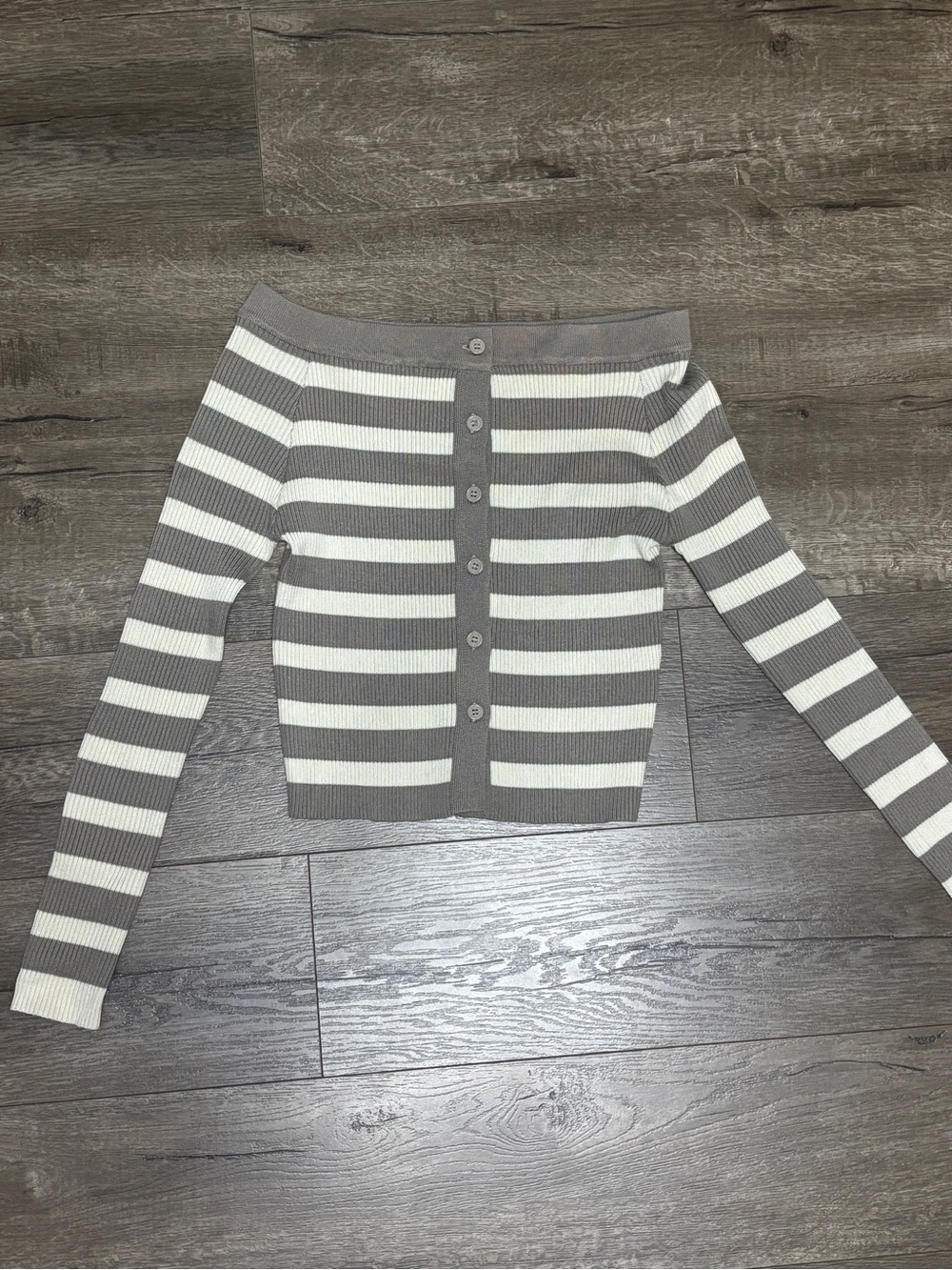 Striped Off-the-Shoulder Button-Front Sweater in Gray and White
